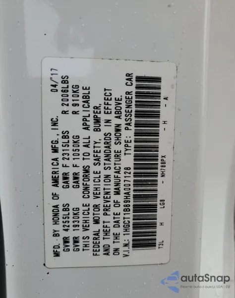 2017 Honda Accord Exl z USA, uszkodzony, nr VIN 1HGCT1B89HA007128